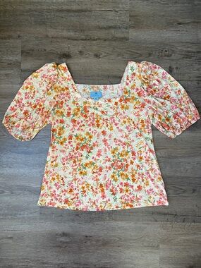 CeCe Cream Floral Puff-Sleeve Square-Neck Blouse